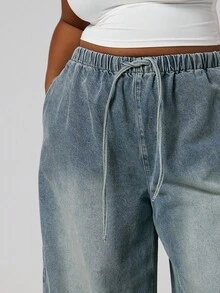 MUSERA Quần jeans ống rộng, cạp chun, cỡ lớn, chất liệu denim mài, thích hợp mặc hàng ngày. - Màu xanh lam - Xem 5