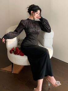 DAZY Đầm casual dáng ôm eo, họa tiết chấm bi thanh lịch, phối lưới, thích hợp cho đám cưới, tiệc tùng, dạ hội, tay dài, dài ngang gối, trang phục mùa xuân/hè/thu đính sequin, đầm lấp lánh cho lễ hội năm mới dành cho nữ. - màu đen - Xem 6