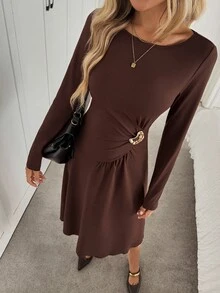 Easowa Vestido longo feminino, gola redonda, cintura marcada, assimétrico, franzido, com botões de metal, corte A, casual, relaxado, elegante, vintage, marrom café, outono/inverno