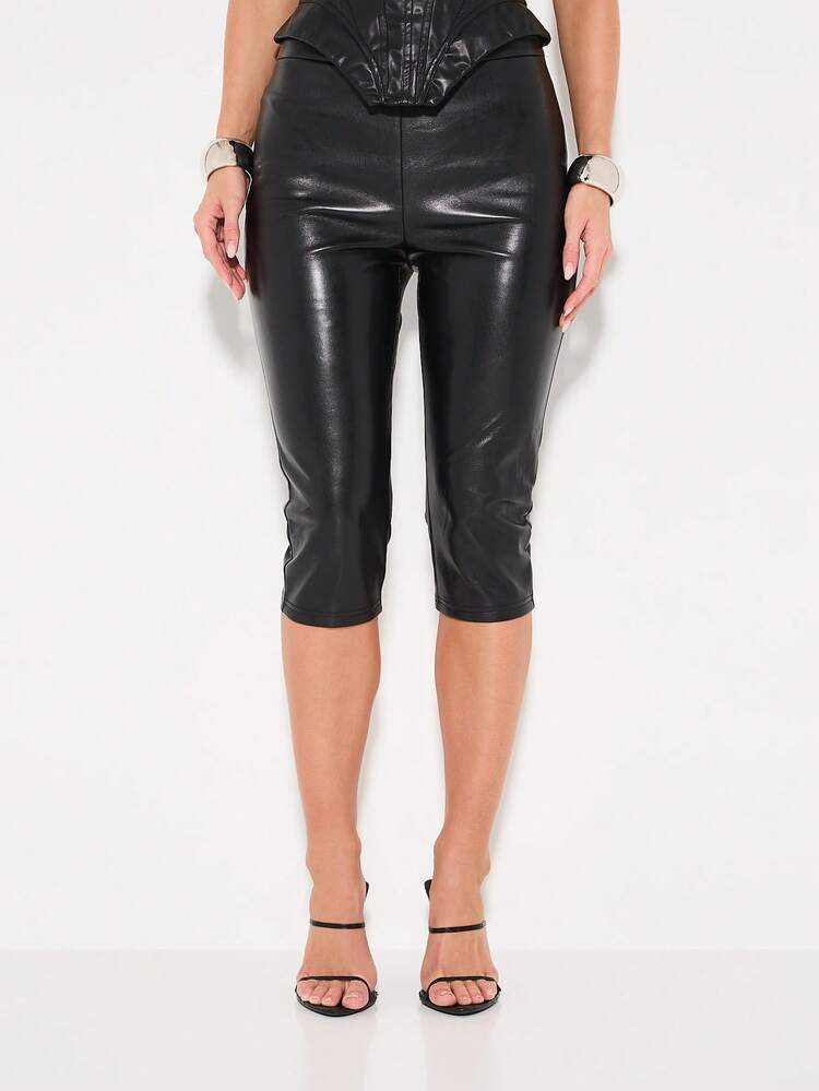 KIZN High Waisted Faux Leather Capri Leggings