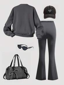 少女复古甜美校园风圆领字母印花宽松卫衣搭配修身喇叭裤休闲两件套，秋冬款 - 彩色 - 查看 2