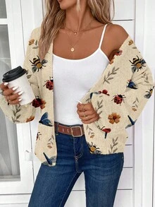 EMERY ROSE Women's Casual Floral & Bee Print Lantern Sleeve Knitted Cardigan, Autumn,Fall - White - View 3
