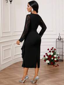 SHEIN Lady Women's Contrast Lace Round Neck Long Sleeve Ruffle Hem Fitted Elegant Black Dress