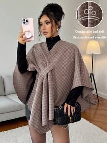 Islaluna New French Retro Fashion Elegant Autumn And Winter Design Sense Temperament Comfortable Winter Retro Plaid Material Soft And Comfortable Women's Cape Shawl Women's Winter Wear Halloween Costume New Year Dress Women's New Year Costume Women's Thanksgiving Dress Brown Top