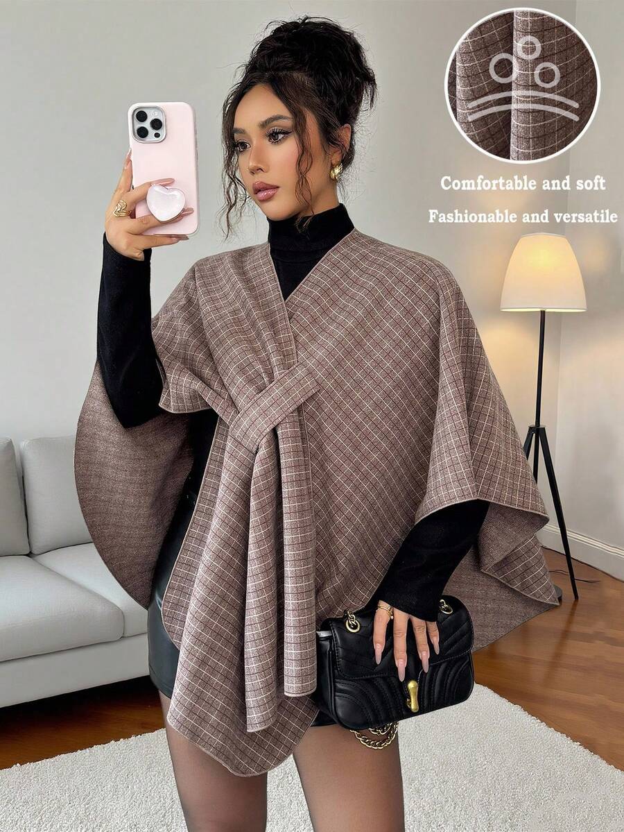 Islaluna New French Retro Fashion Elegant Autumn And Winter Design Sense Temperament Comfortable Winter Retro Plaid Material Soft And Comfortable Women's Cape Shawl Women's Winter Wear Halloween Costume New Year Dress Women's New Year Costume Women's Thanksgiving Dress Brown Top
