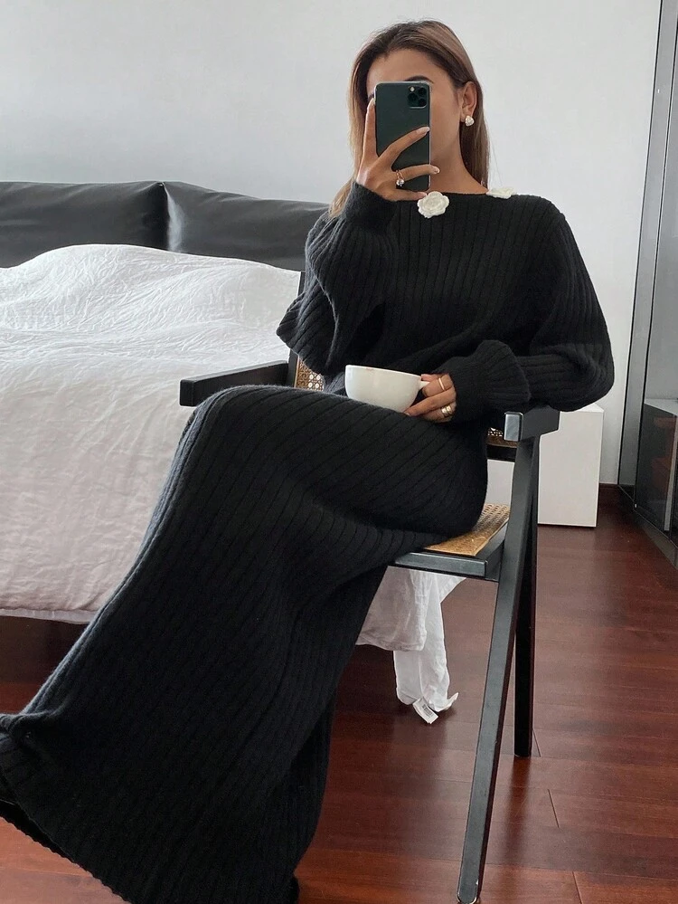 Women's Elegant Casual Business Office Commute Loose Knit Patchwork Mid-Length Sweater Dress, Autumn/Winter