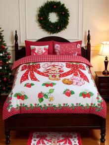 Strawberry Shortcake X SHEIN 3 pezzi Set biancheria da letto con motivo a pois e fragole, copripiumino rosso, morbido e confortevole, adatto per letti singoli/matrimoniali/queen/king, camera da letto/casa