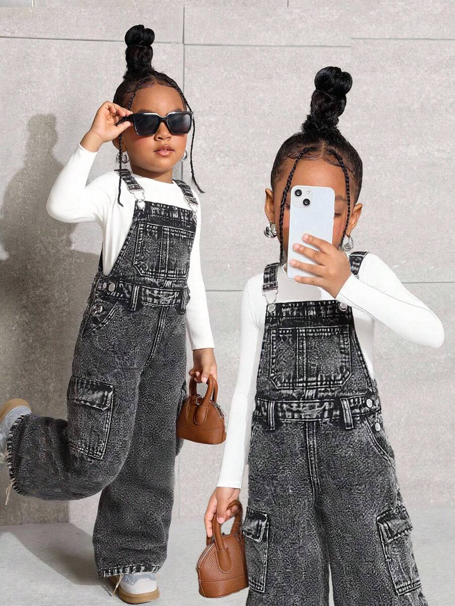 SHEIN Young Girl' Black Denim Bib Pants,Casual And Fashionable Vacation Outfits,Winter Clothes,Fall Clothes,Street Wear ,Denim Overall - Black - View 1