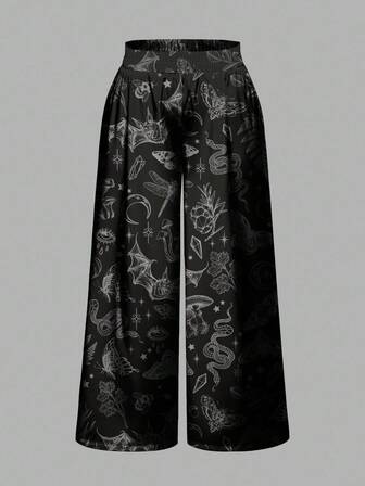 Pantalon ample et large de style gothique sombre avec imprimé tout-sur-tout de chauve-souris, d'œil, de champignon, de libellule, de soleil, de lune, d'étoile, de serpent et de champignon. Convient pour Halloween.