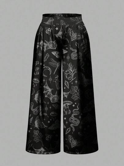 Plus Size Gothic Dark Loose Wide Leg Pants With All-Over Bat, Eye, Mushroom, Dragonfly, Sun, Moon, Star, Snake, Mushroom Print, Suitable For Halloween