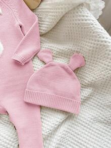 SHEIN 新生女婴可爱卡通熊连体衣（带帽），秋冬 - 淺粉色 - 查看 9
