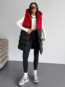 EURMUSE Woman 2 Colored Dark Red Sleeveless Padded Drawstring Detailed Hoody Neck Front Snap Button Up Midi Length Autumn Coat Casual Baggy Everyday Hiking - Multicolor - View 5