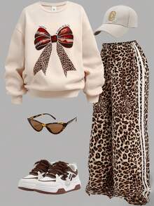 Girlism Tween Girls Hoodie & T-Shirt Co-Ords, Textured Knit Butterly Print Yellow T-Shirt & Leopard Print Contrast Bow Casual Loose Khaki Leopard Print Bow Cargo Pants 2 Pieces Set, Suitable For Casual, Sports, Hangout, Family Outing Fall Winter Women Leopard Print Leopard Print Pants Bow Sweatshirt Animal Print Outfit - Multicolor - View 3