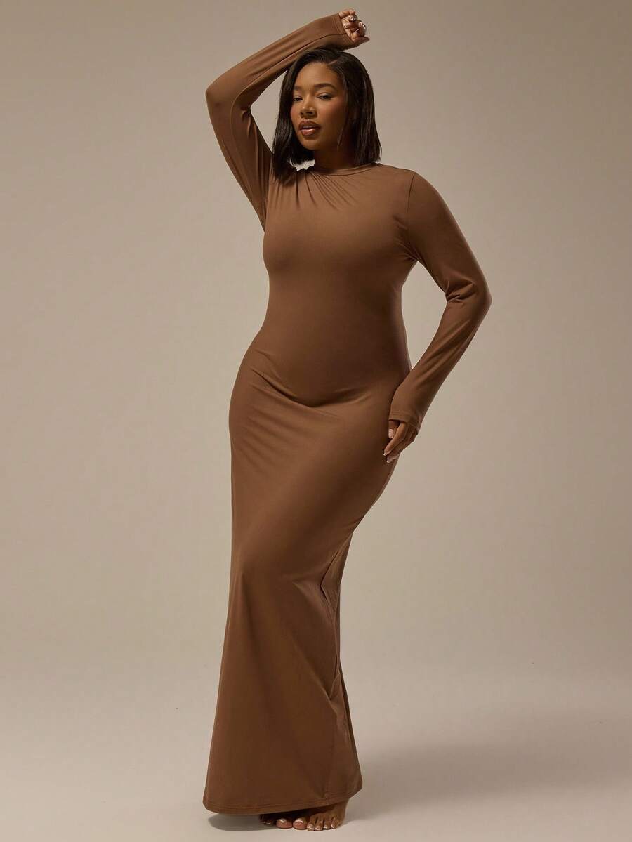 MUSERA Robe longue moulante à manches longues Plus Size, Robe de soirée de base sexy, Courbe Toffee - Tabac - Voir 1