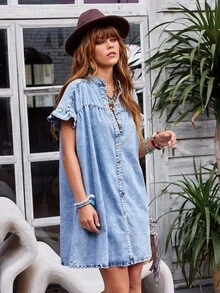 EMERY ROSE Vacation Casual Washed Front Button Denim Dress