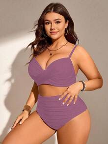 SHEIN Swim Curve 大码女式两件套纯色聚拢细肩带比基尼泳装套装，时尚简约，适合度假 - 淡紫色 - 查看 4