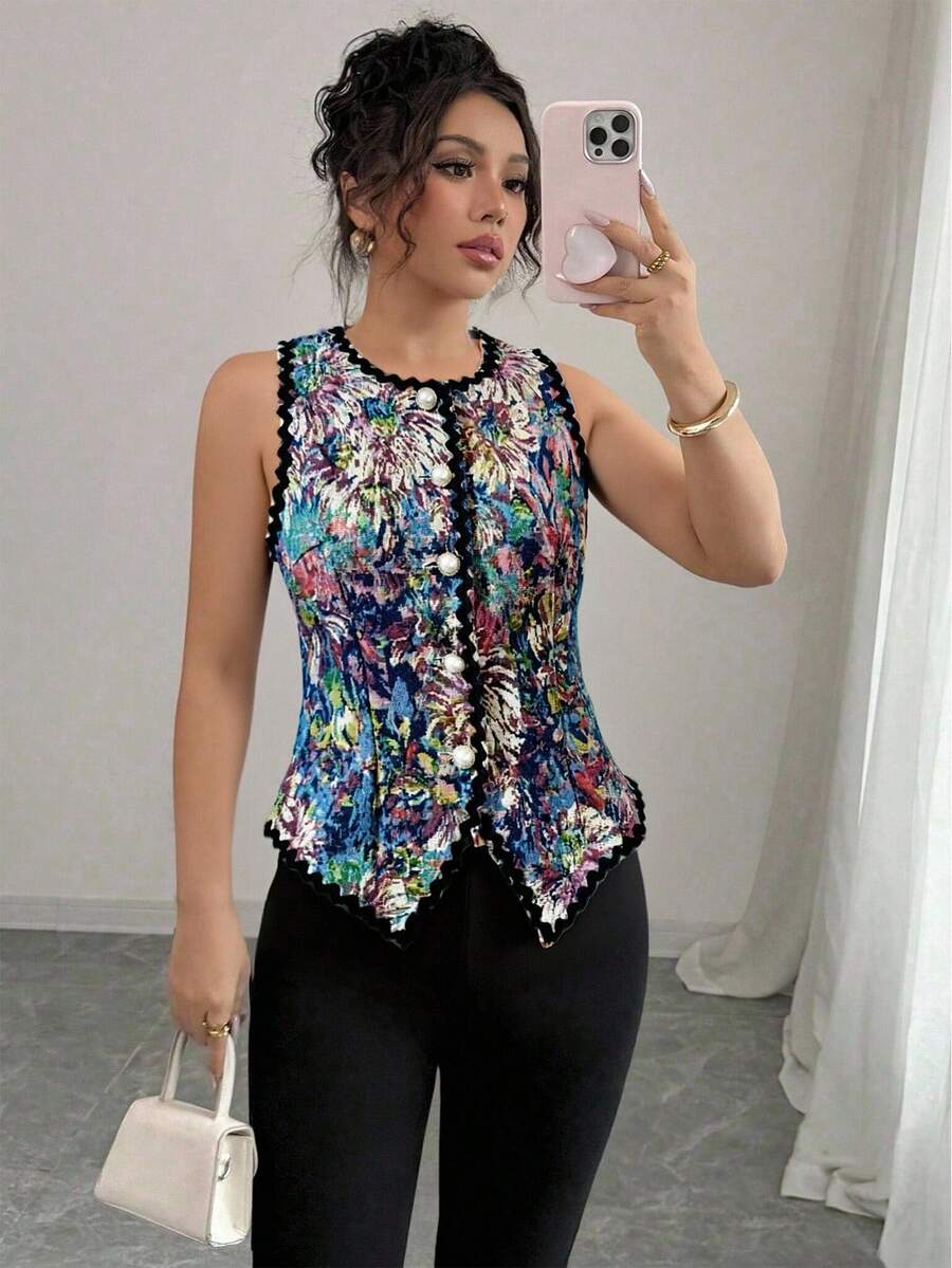 Selianne Elegante parte superior sin mangas con parche de encaje y estampado floral diminuto para mujer, primavera/verano - Multicolor - Ver 1
