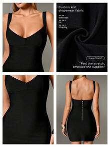 Nuvra Women's Sexy Petite Spaghetti Strap Sleeveless Knit Mini Dress, Cocktail Party Holiday Black Bodycon Dress - Black - View 9