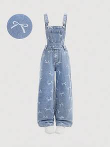 Girlism Tween Girls Fashion Casual Y2k Vintage Cool Street Returns To School College Bow Pattern Design Blue Denim Overalls For Tween Girl Clothes Tween Girls Soft Dailywear And Tween Girl Winter And Fall Rave Outfits Festival And Outfits Streetwear School Clothes - Blue - View 3