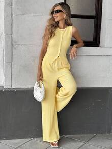 SHEIN LUNE 2pcs Women Set Lemon Yellow Solid Color Sleeveless Top & Pocketed Long Pants