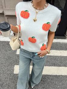 Chiquease 万圣节南瓜图案圆领短袖女式针织上衣 - 白色 - 查看 4