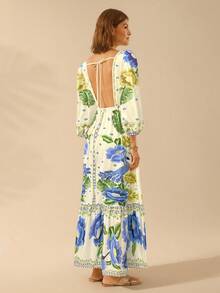 CAJUNI Damen Boho Tropical Blumen V-Ausschnitt Langarm Rückenfreies Taille A-Linie Urlaubskleid