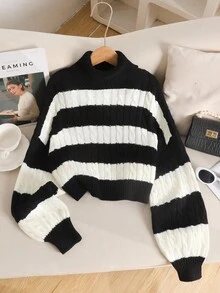 SHEIN Suéter holgado de cuello alto con textura a rayas negras y blancas para niña preadolescente, adecuado para usar en casa, salidas, escuela, compras y fiestas en otoño/invierno