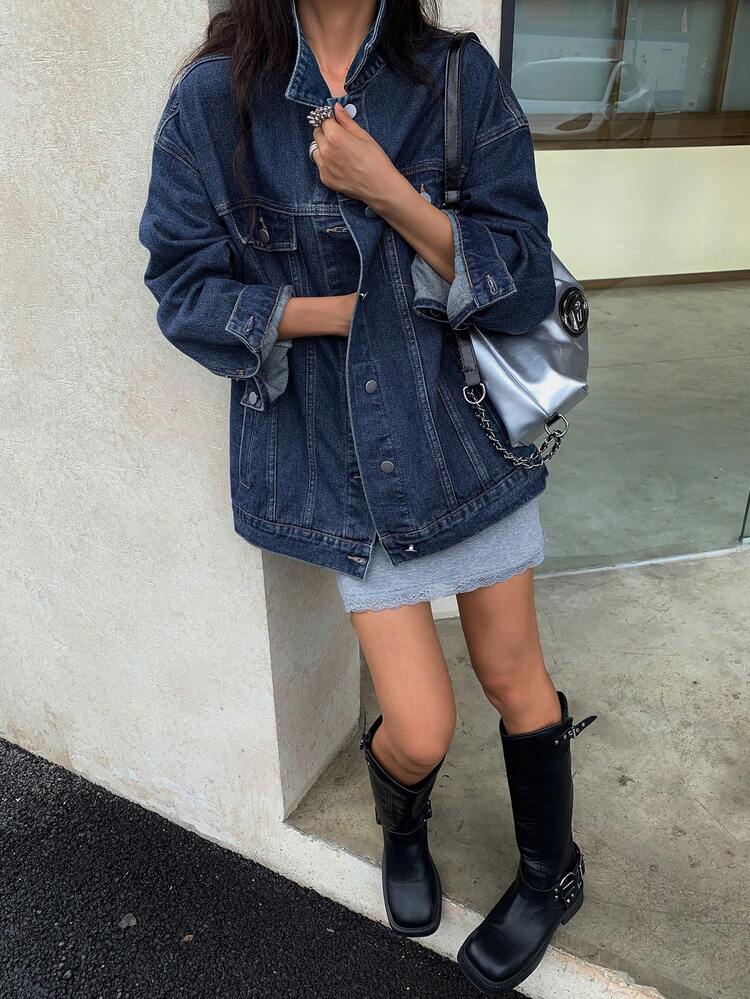 Women's Solid Color Front Button Long Sleeve Denim Jacket
