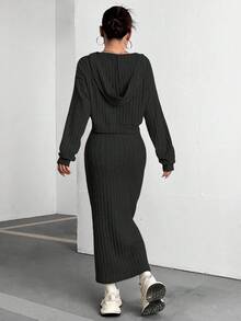 Flirla Solid Color V-Neck Ribbed Knit Long Sleeve Top And Skirt Set - Black - View 2