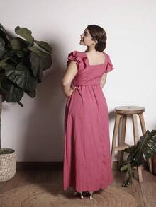 Lupita Cardoza New Square Neck Layered Ruffle Sleeve Bow Front Tie Back Design Fashionable Young Lady Casual Fitted Waist Slimming Elegant Women Dress - Hot Pink - View 2