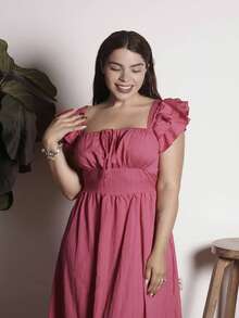 Lupita Cardoza New Square Neck Layered Ruffle Sleeve Bow Front Tie Back Design Fashionable Young Lady Casual Fitted Waist Slimming Elegant Women Dress - Hot Pink - View 3