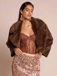 Glamine Retro Coffee Mink Collar Cropped Jacket - Coffee Brown - View 4