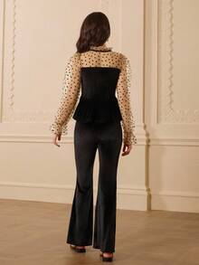 Teenage Long Sleeve Ruffle Collar Polka Dot Patchwork Blouse + High Waist Flare Pants Set Fall Winter - Black - View 2