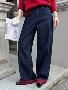 K-Vae Women's Autumn And Winter Dark Blue Contrasting Edge Daily Jeans, Loose Casual Jeans, Winter Fashion Items,Alloween Costumes,Chic Autumn