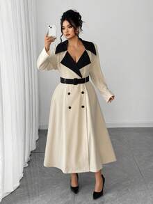 Cravure Plus Size Color Block Double Breasted Belted Elegant Long Sleeve Dress - Apricot - View 2
