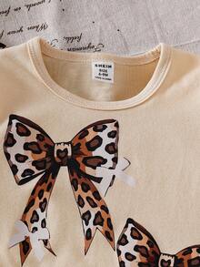 SHEIN Baby Girl Leopard Print Bow Decor Round Neck Long Sleeve T-Shirt And Leopard Print Pants Casual Outfit Fall Winter