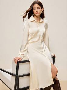 BizChic 2025秋冬新款杏色领口腰部褶裥前襟纽扣缎面衬衫裙，复古现代优雅都市通勤日常百搭浪漫休闲90年代圣诞新年女装，感恩节派对海滩毕业典礼时尚潮流，适合婚礼宾客、主人、约会、派对、音乐会、早午餐、机场等多种场合。 - 杏色 - 查看 3