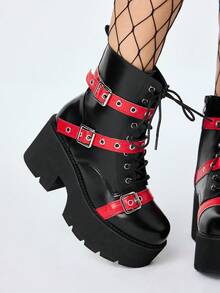 ROMWE Grunge Punk 女式朋克风格厚底战斗靴，哥特式金扣双带红黑装饰，舒适厚底踝靴，适合派对、聚会、通勤 - 黑色 - 查看 3