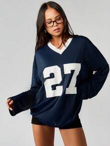 MISSGUIDED Oversized Navy Long Sleeve T-Shirt With White V-Neck And Number Print