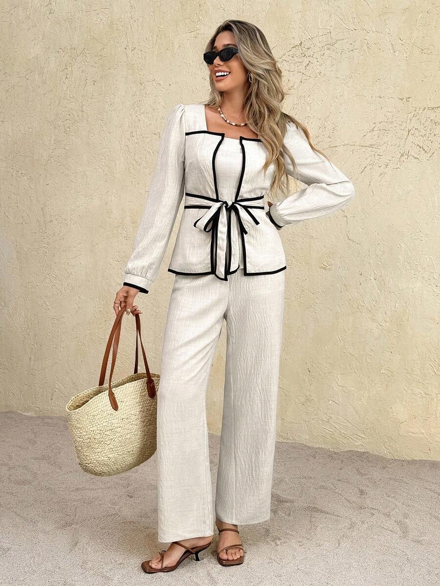 SHEIN Frenchy 2pcs Women Set: Long Sleeve Knotted Waist Top And Loose Pants Winter Casual - Apricot - View 1