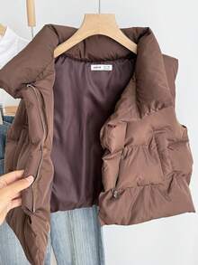 SHEIN 青少年女孩拉链厚背心，带口袋，女士保暖冬季夹克 - 棕色 - 查看 8