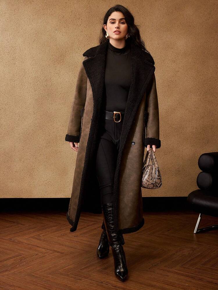 CHRISTMAS PLUS OLD MONEY FAUX FUR TRIM WAIST BELT COAT, WINTER