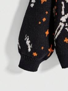 ROMWE Fairycore Women Vintage Halloween Pumpkin & Skull Embellished Jacquard Loose Knit Sweater - Multicolor - View 4