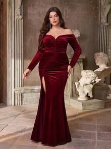Aureia Gaun Formal Elegan Ukuran Plus Warna Burgundy Musim Semi Bahan Beludru, Lengan Panjang Tanpa Bahu, Berkerut, Belahan Tinggi, Model Ekor Duyung Ramping, Cocok untuk Tamu Pesta Pernikahan - Burgundy - View 5