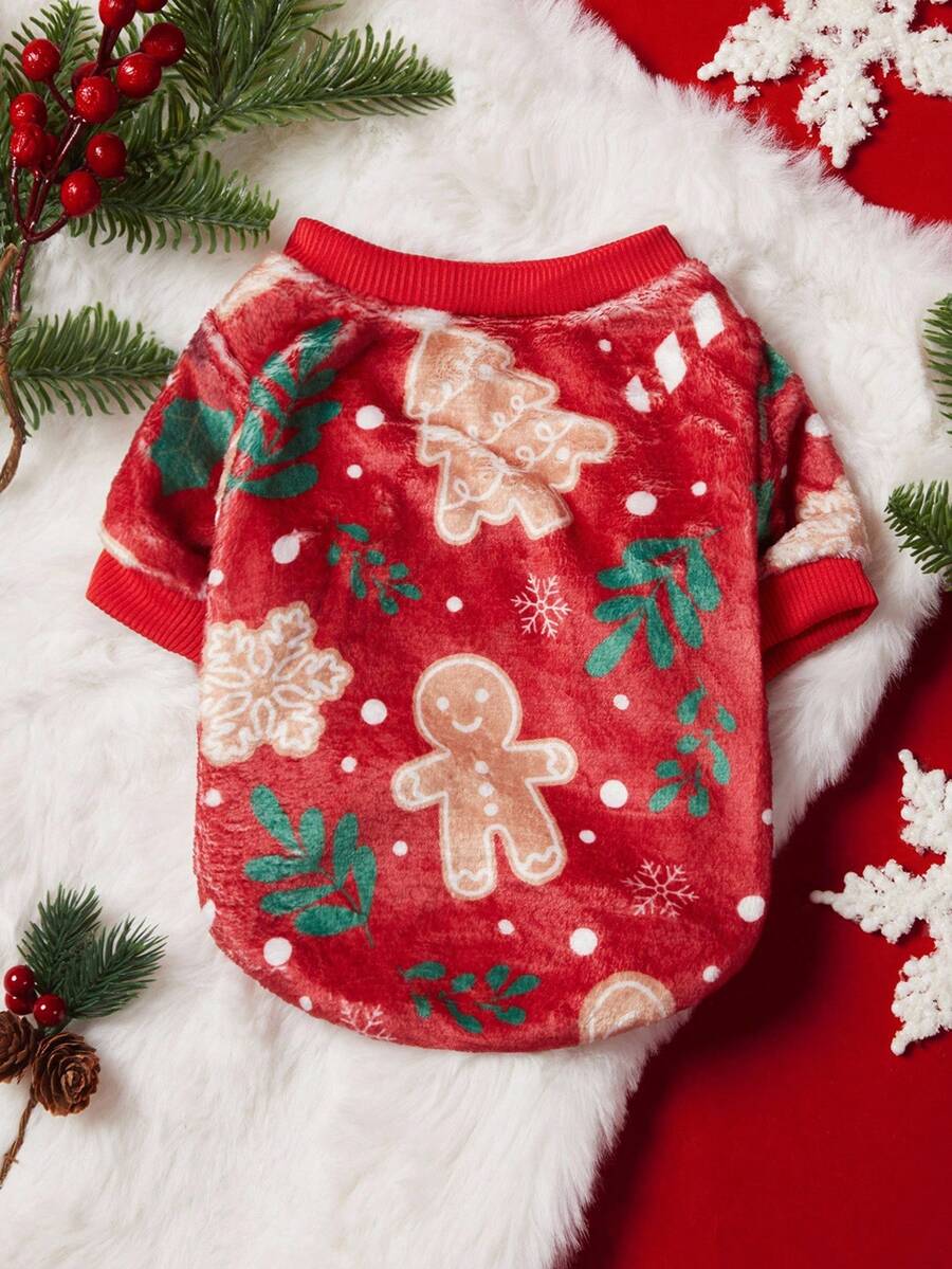 PETSIN 1 Pet Christmas Cat Dog Universal Red Gingerbread Man Snowflake Cane Candy Christmas Pattern Print Plush Warm And Comfortable Dog Christmas - Multicolor - View 1