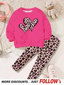SHEIN Happikins Young Girl Leopard Heart Pattern Casual Crew Neck Long Sleeve Sweatshirt And Leggings 2 Pieces Set, Suitable For Autumn/Winter Fall - Multicolor - View 3