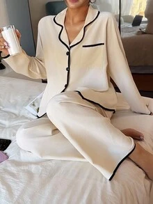 Dream Adore Women's Contrast Trim Lapel Loose Long Sleeve Pajama Set, Fall Winter Clothes Pajama Set Women Sleep Wear Women Pajamas Set