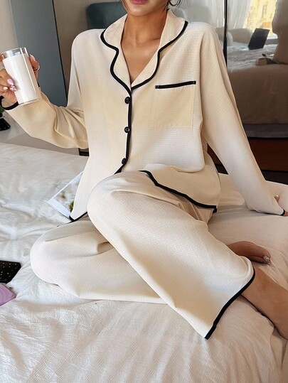Dream Adore Contrast Lapel Loose Long Sleeve Pajama Set, Fall Clothes Set Women Sleep Wear Pyjama view 4