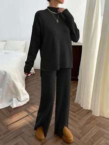 EURMUSE Rib Pattern Pocket Pullover Pant Knit Set - Black - View 3