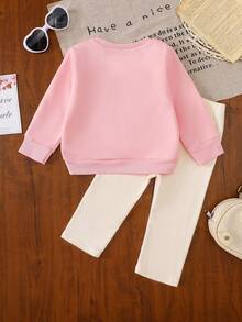 SHEIN Conjunto de Moletom de Manga Longa com Estampa de Coração e Legging para Bebê Menina Recém-Nascida e Criança Pequena de 0 a 3 Anos, Roupa Casual do Dia a Dia, Outono/Inverno